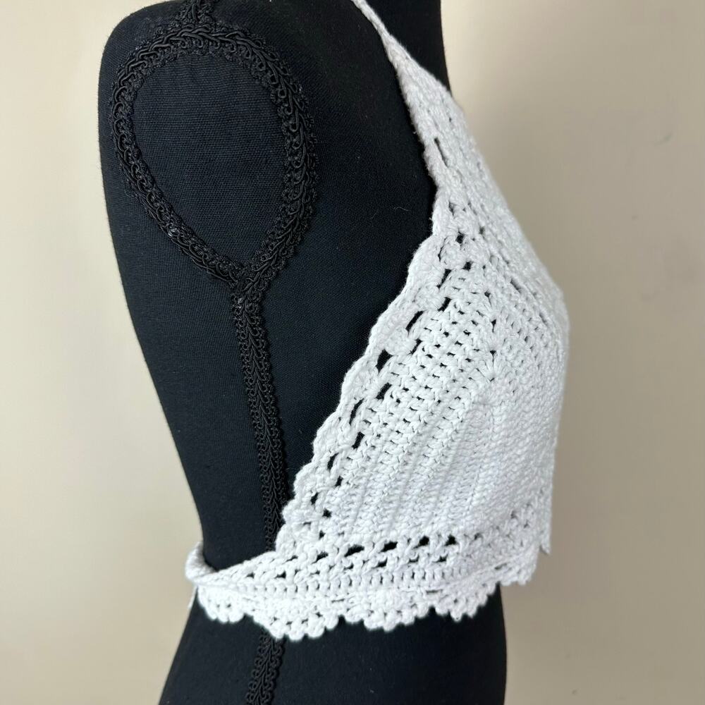Womens White Crochet Knit Halter Top Boho Tie Back Festival Beach Knit Bralette - Picture 3 of 7
